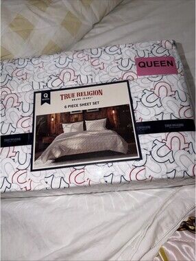 True Religion Red, Blue Logo Queen 6 Piece Sheet Set